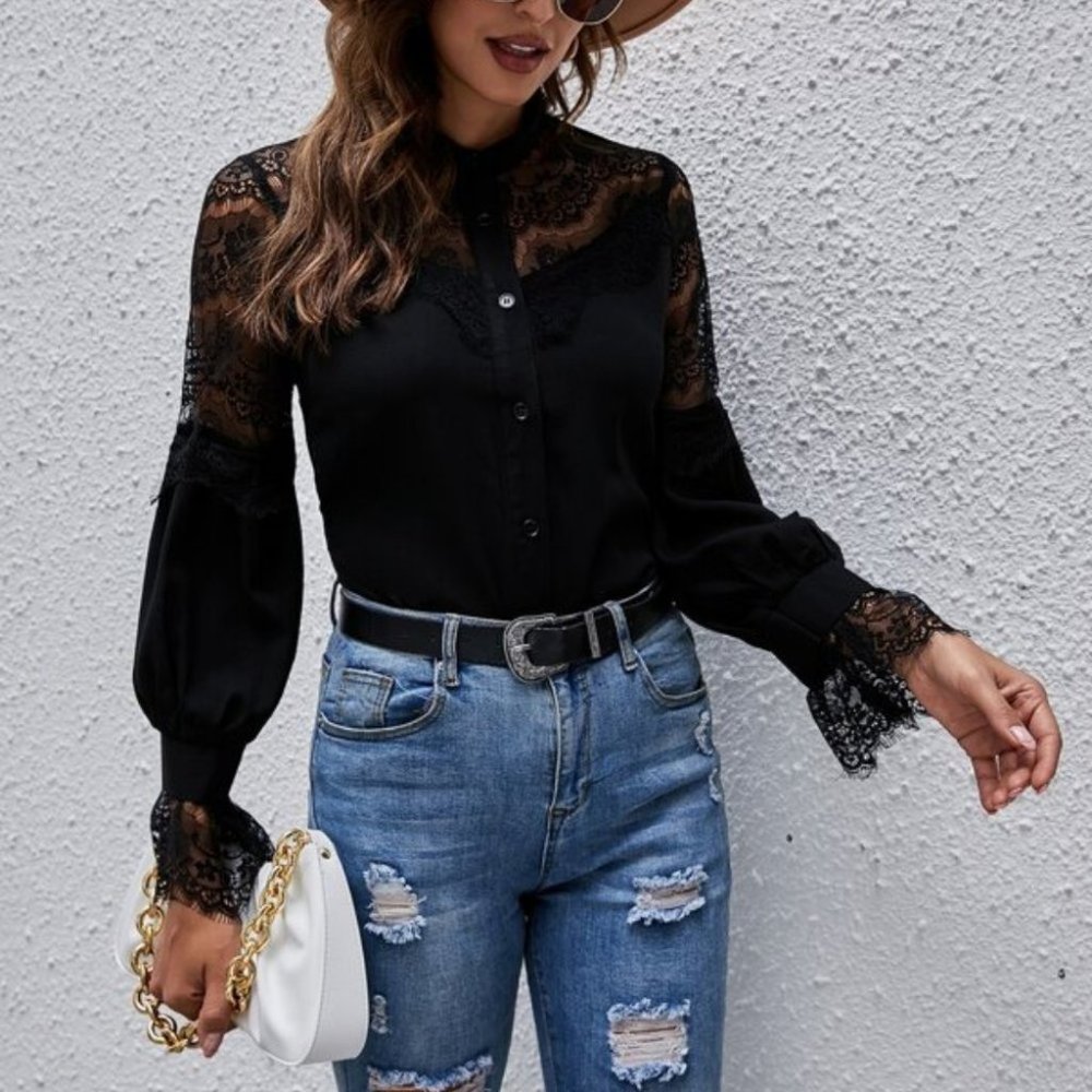 Black Contrast Eyelash Lace Flounce Sleeve Blouse - Picture 2 of 8